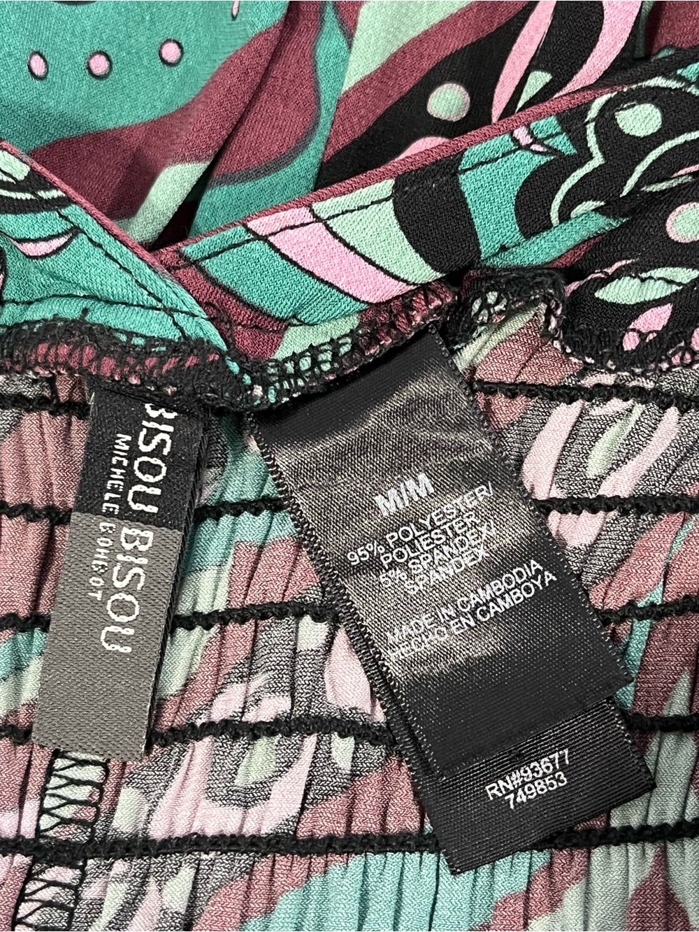 Bisou Bisou Y2K Dress Boho Paisley Smocked Retro Mod Jersey Teal Pink Stretchy - Picture 5 of 7